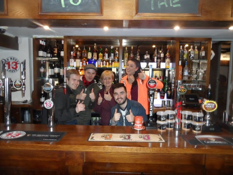 Behind the bar at The Wheatsheaf. George, Matt, Elaine, Steph and I